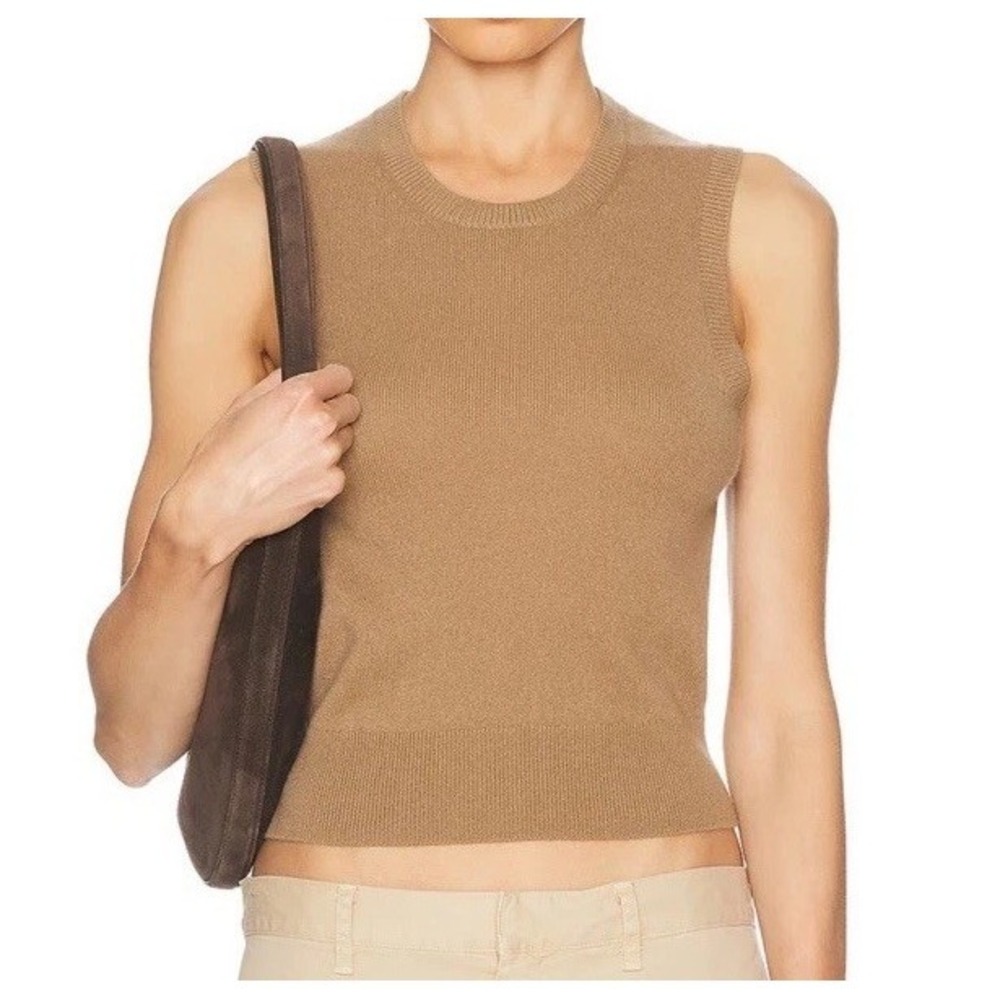 Nili Lotan 100% Cashmere May Cropped‎ Baby Tee Sweater Vest Tan Quiet Luxury S